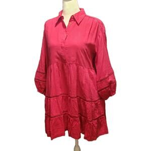 Anthropologie S Maeve Pink Dress Linen Blend Mini Button-Down Lined Tiered Boho